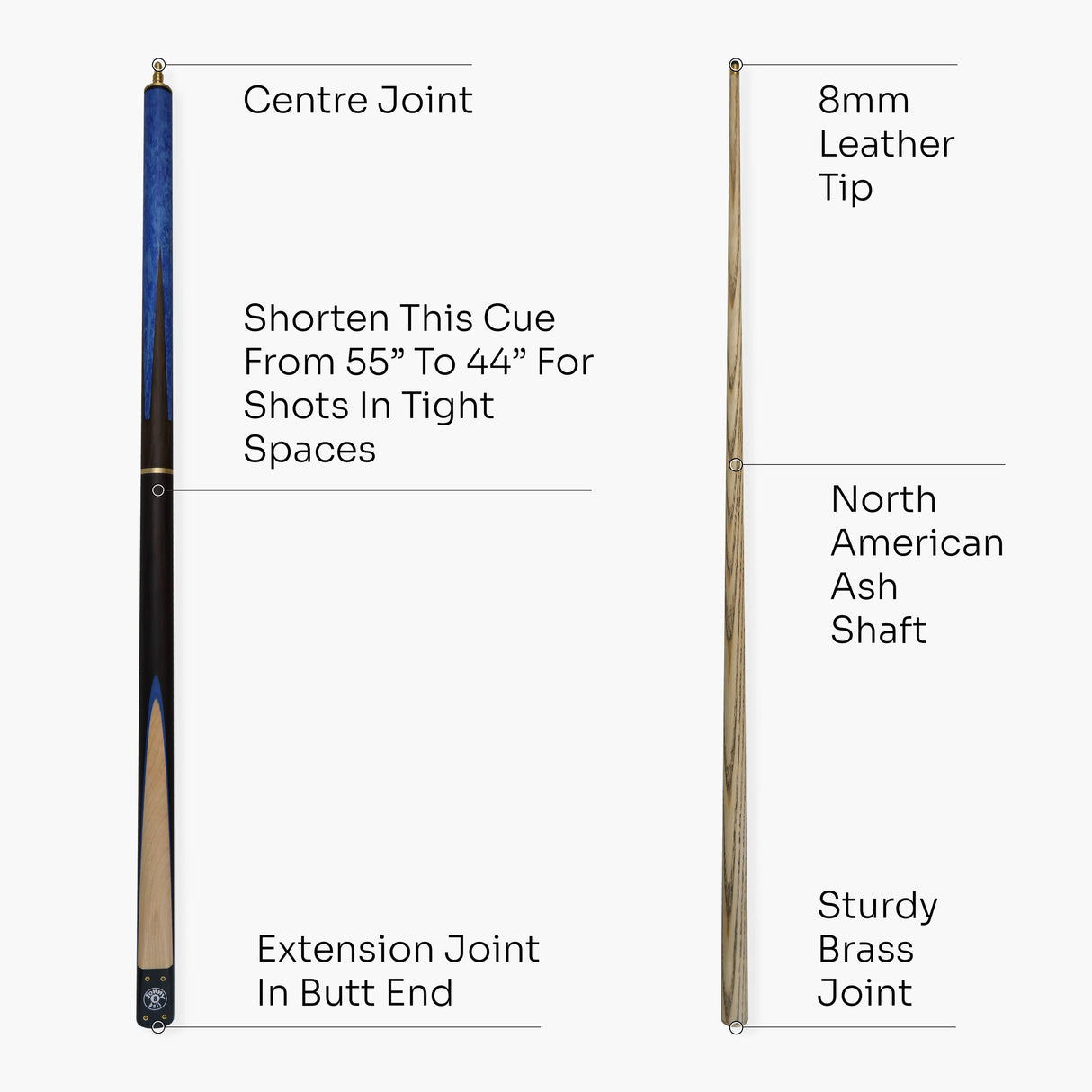 Jonny 8 Ball HAWK 3 Section Rapid Shorten English Pool Cue – 8mm Tip - 55 & 57" Length Jonny 8 Ball