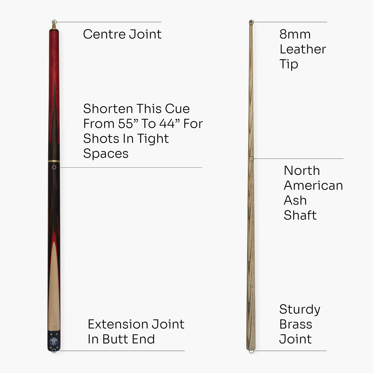 Jonny 8 Ball HAWK 3 Section Rapid Shorten English Pool Cue – 8mm Tip - 55 & 57" Length