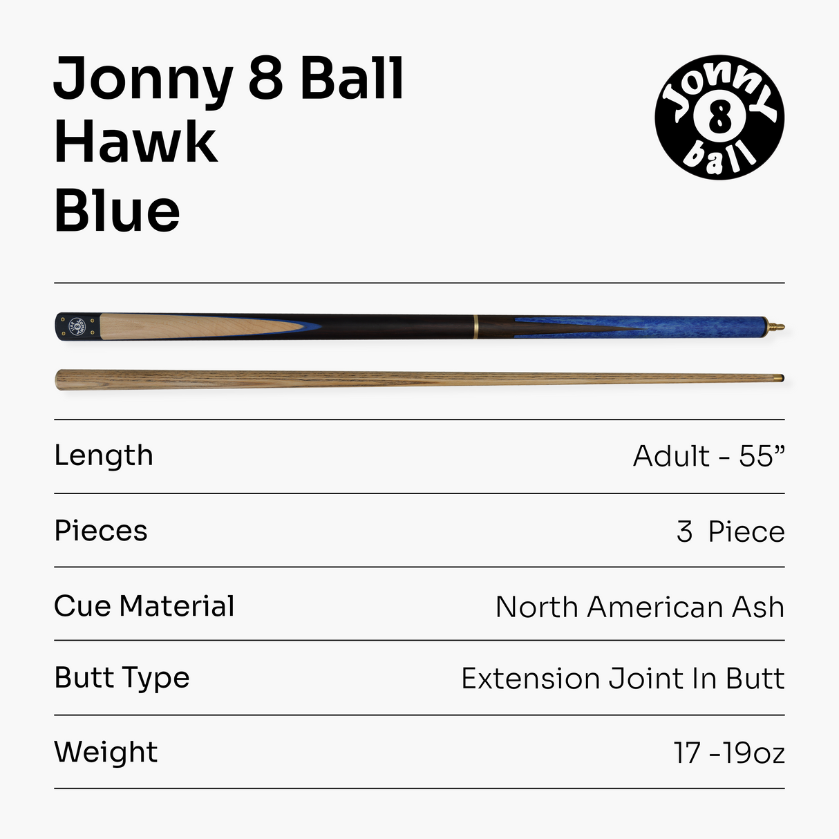 Jonny 8 Ball HAWK 3 Section Rapid Shorten English Pool Cue – 8mm Tip - 55 & 57" Length