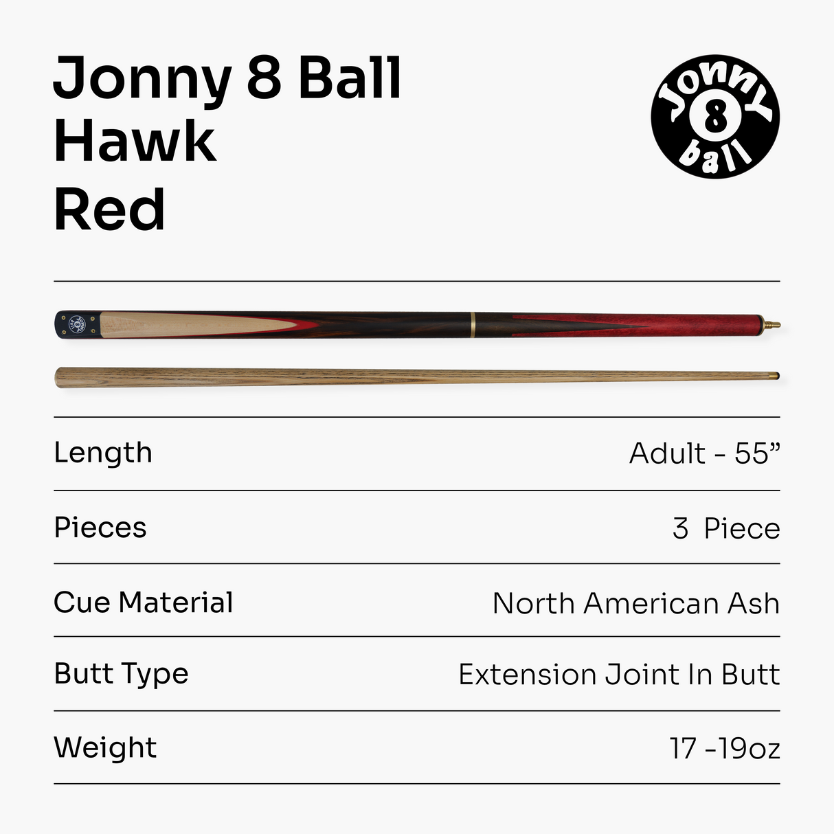 Jonny 8 Ball HAWK 3 Section Rapid Shorten English Pool Cue – 8mm Tip - 55 & 57" Length