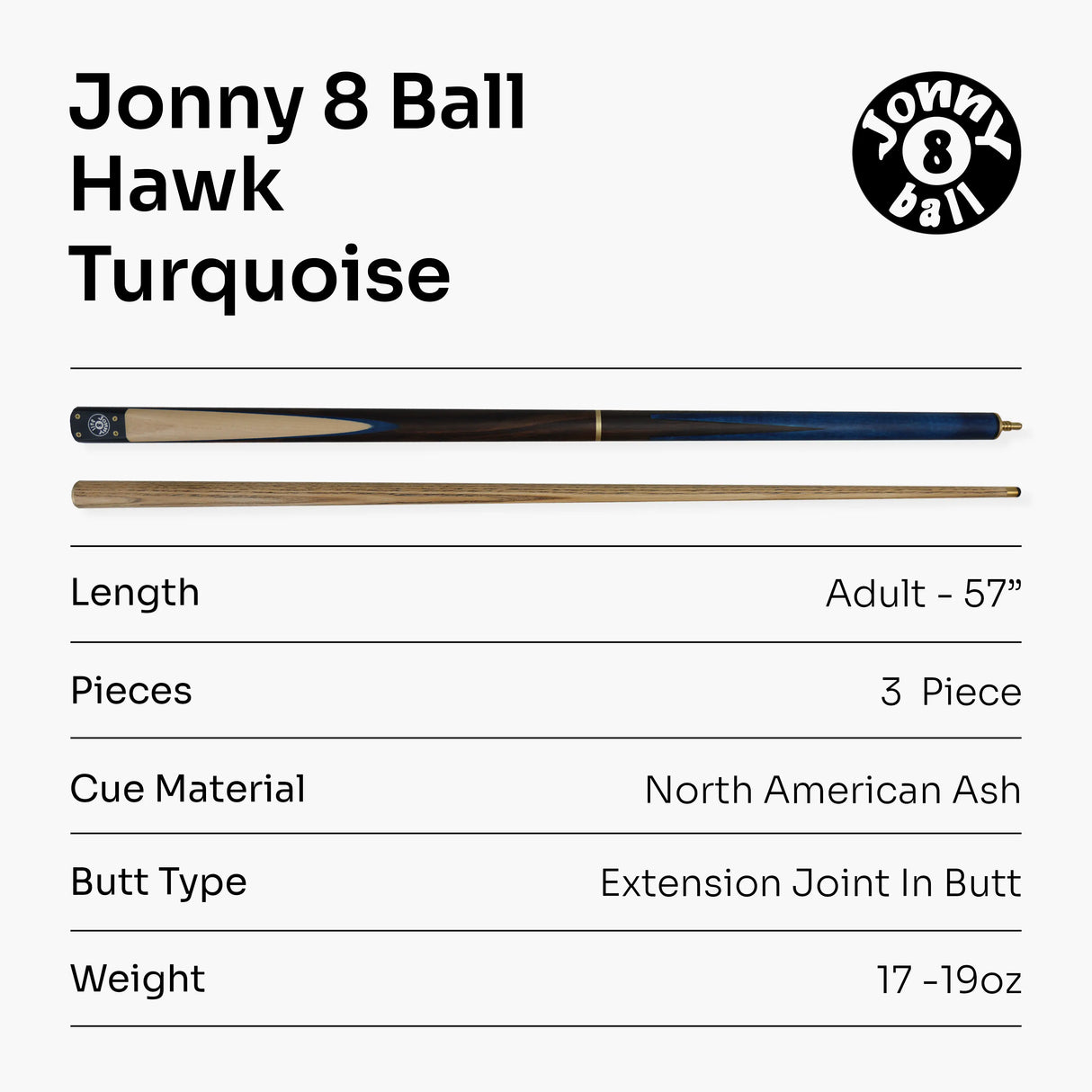 Jonny 8 Ball HAWK 3 Section Rapid Shorten English Pool Cue – 8mm Tip - 55 & 57" Length Jonny 8 Ball
