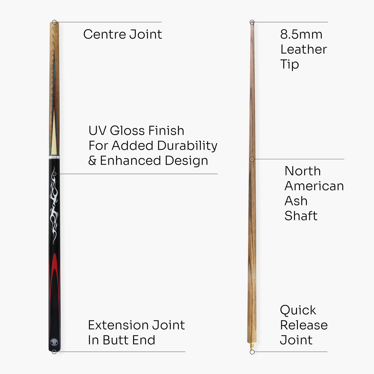 Jonny 8 Ball SILVER SMOKE 57 Inch 2 Piece Centre Joint Ash English Pool Cue with 8.5mm Tip