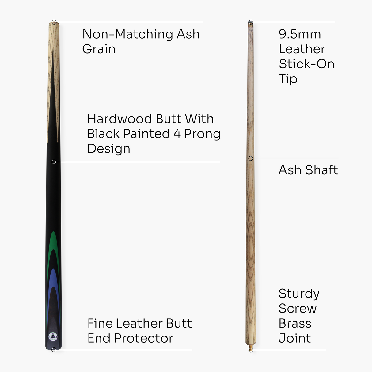 Kudos Classic Range 48 Inch Junior Kids 2 Piece Snooker Pool Cue with 9.5mm Tip