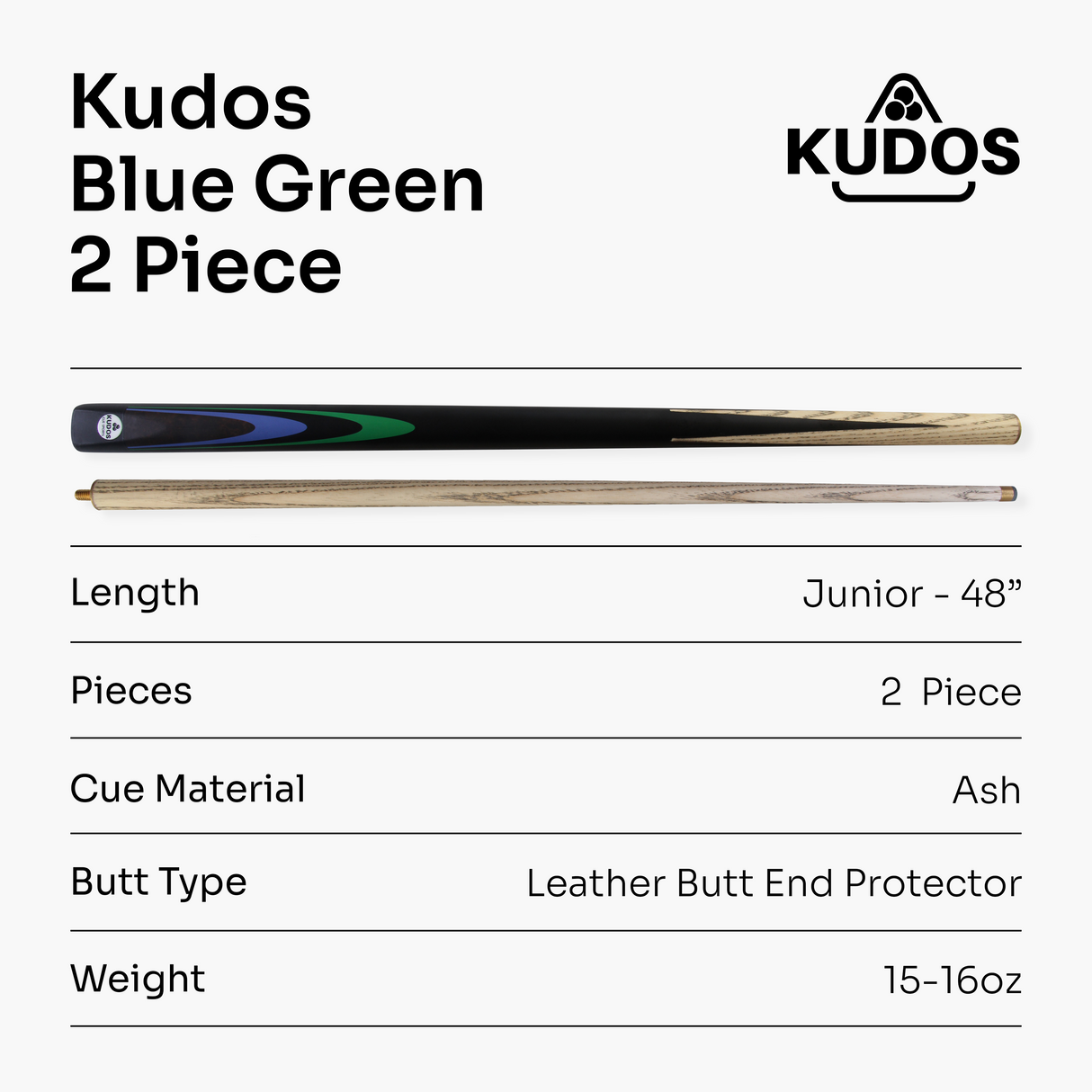 Kudos Classic Range 48 Inch Junior Kids 2 Piece Snooker Pool Cue with 9.5mm Tip