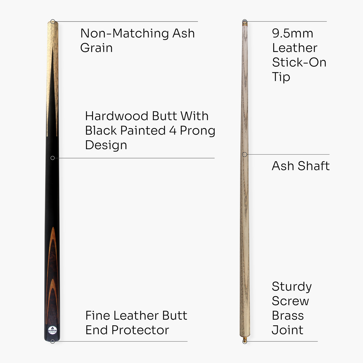 Kudos Classic Range 48 Inch Junior Kids 2 Piece Snooker Pool Cue with 9.5mm Tip