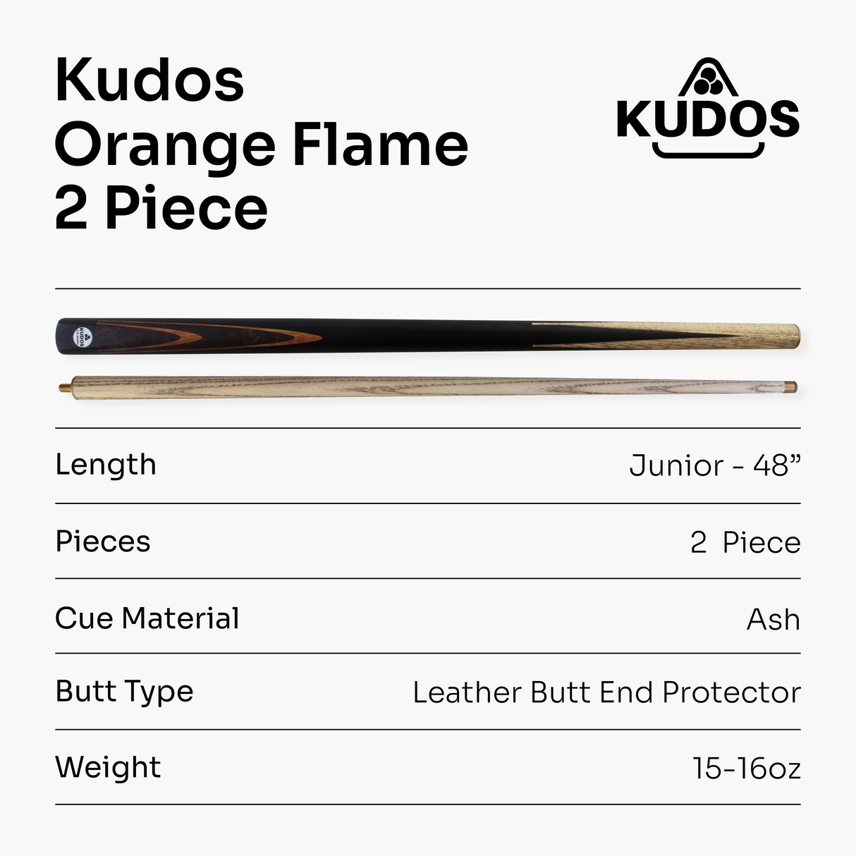 Kudos Classic Range 48 Inch Junior Kids 2 Piece Snooker Pool Cue with 9.5mm Tip