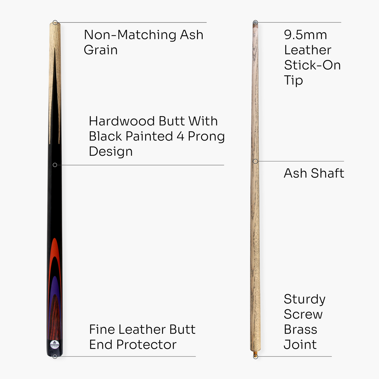 Kudos Classic Range 48 Inch Junior Kids 2 Piece Snooker Pool Cue with 9.5mm Tip