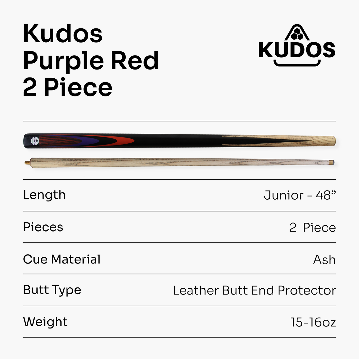 Kudos Classic Range 48 Inch Junior Kids 2 Piece Snooker Pool Cue with 9.5mm Tip