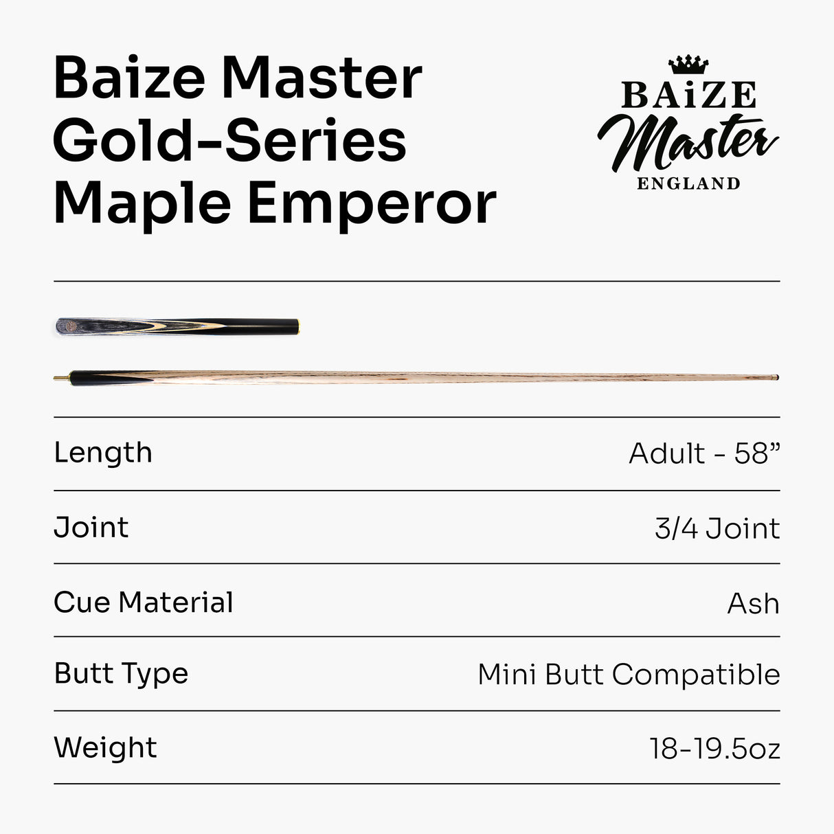 G14 Baize Master MAPLE EMPEROR 57 Inch 3/4 English 8 Ball Pool Cue with 8.5mm Tip + Mini Butt Extension