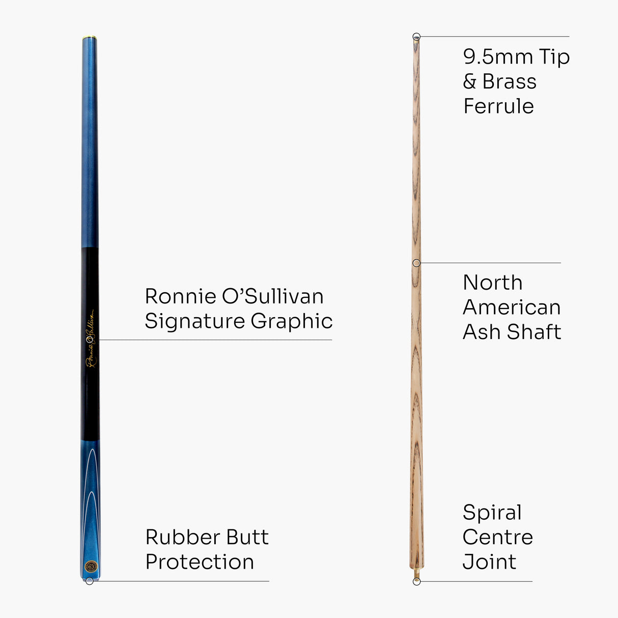 BCE Ronnie O`Sullivan MERLIN - Metallic 2pc Ash Pool Snooker Cue with Painted Black Grip