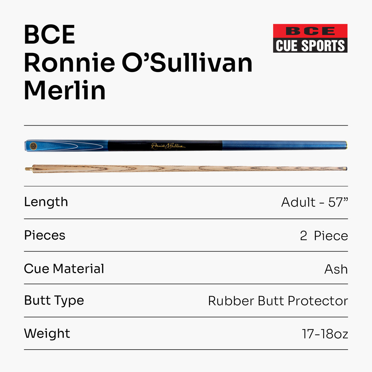 BCE Ronnie O`Sullivan MERLIN - Metallic 2pc Ash Pool Snooker Cue with Painted Black Grip