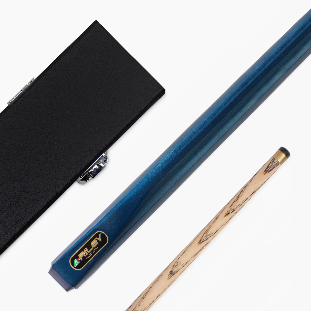 Riley METALLIC BLUE 2pc Ash English Pool Cue & Plain Black HARD CASE 8.5mm Tip