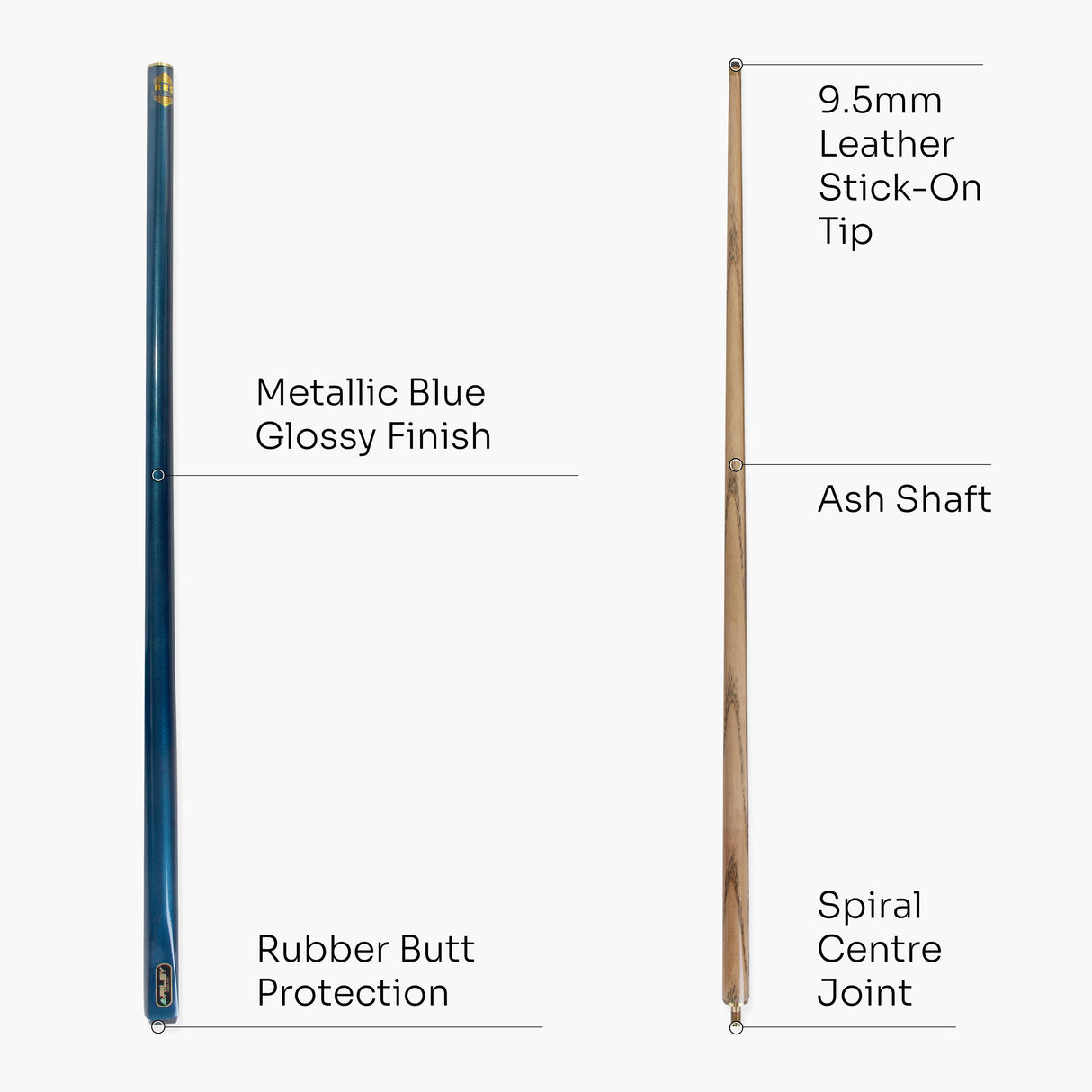 Riley METALLIC BLUE Butt 2 Piece Ash Snooker & Pool Cue - 9.5mm Tip, 17oz - 18oz