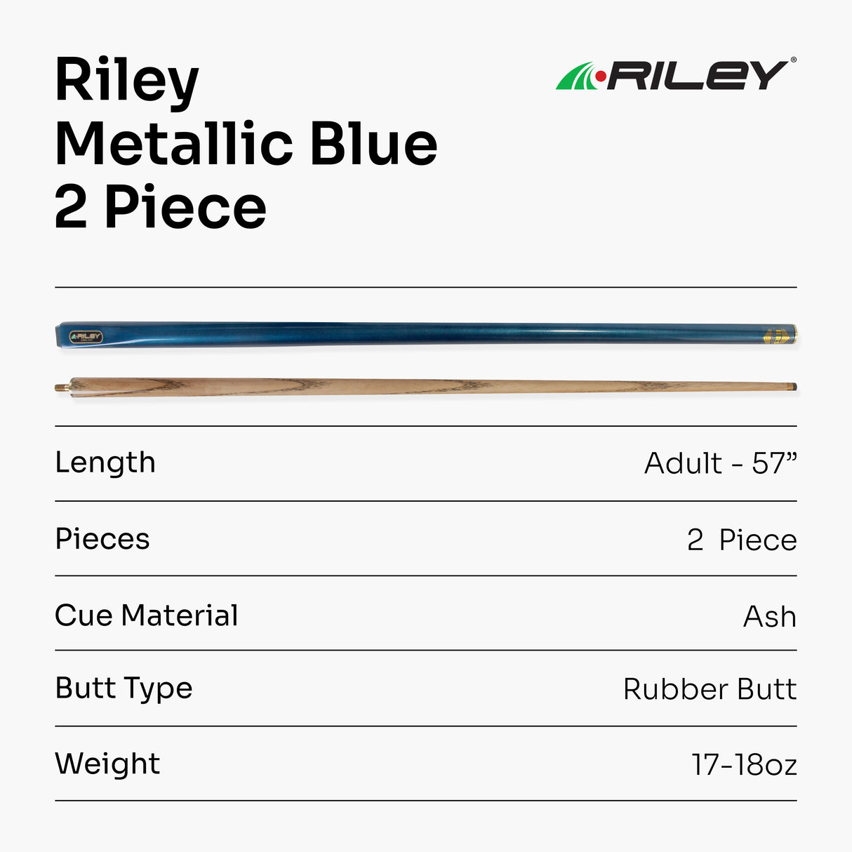 Riley METALLIC BLUE Butt 2 Piece Ash Snooker & Pool Cue - 9.5mm Tip, 17oz - 18oz