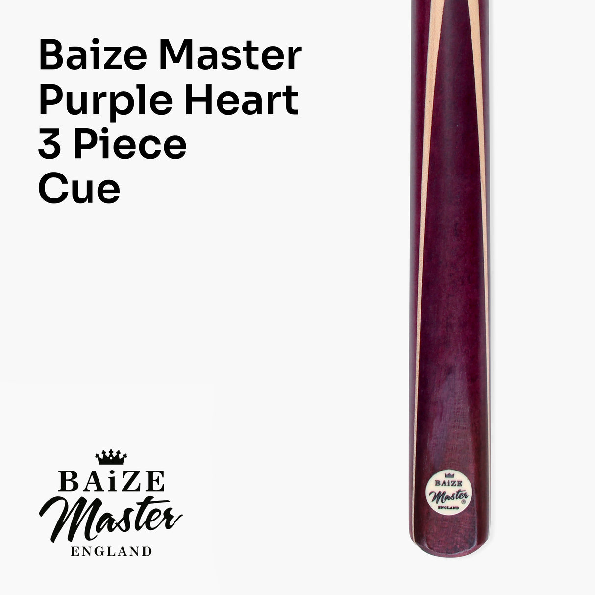 Baize Master PURPLE HEART 57 Inch 3 Piece Length Adjustable Double Joint Ash Snooker Pool Cue with 9.5mm Tip + Mini Butt - Shorten to 43 Inches