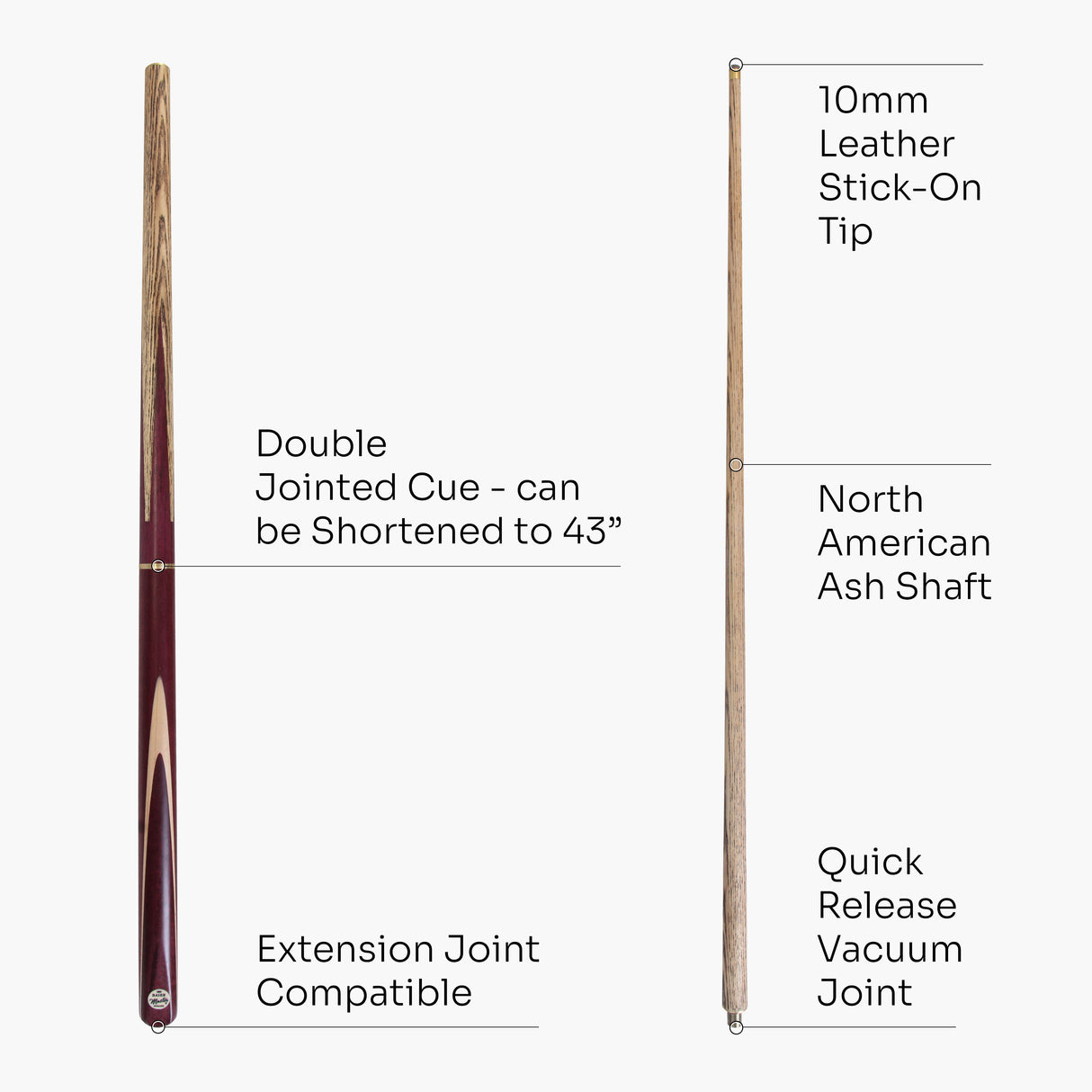 Baize Master PURPLE HEART 57 Inch 3 Piece Length Adjustable Double Joint Ash Snooker Pool Cue with 9.5mm Tip + Mini Butt - Shorten to 43 Inches
