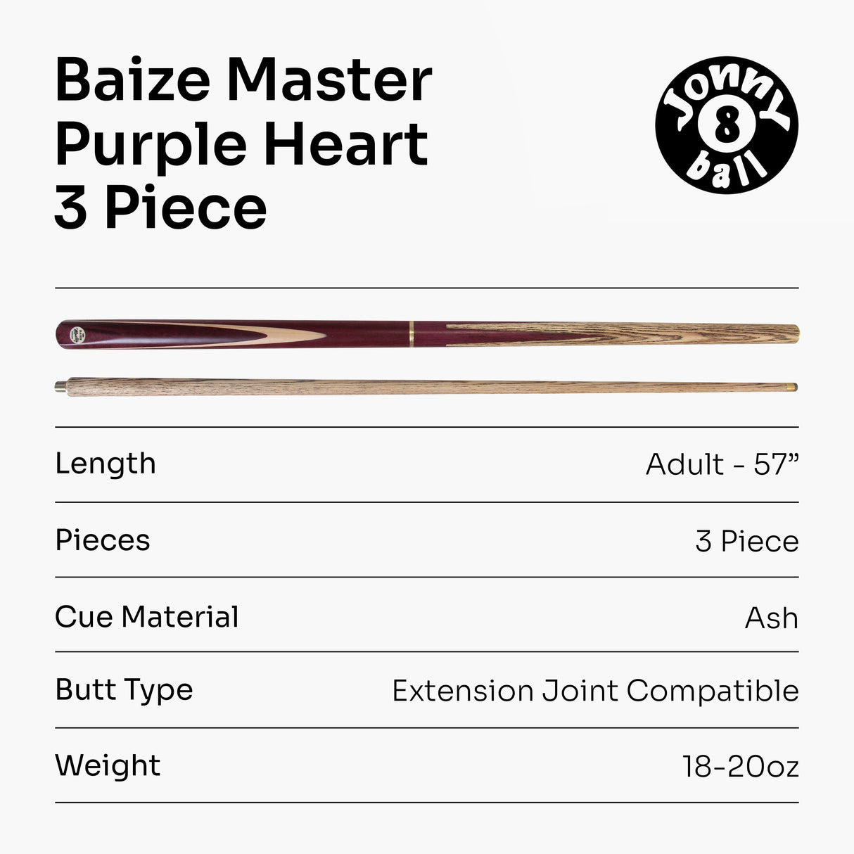 Baize Master PURPLE HEART 57 Inch 3 Piece Length Adjustable Double Joint Ash Snooker Pool Cue with 9.5mm Tip + Mini Butt - Shorten to 43 Inches