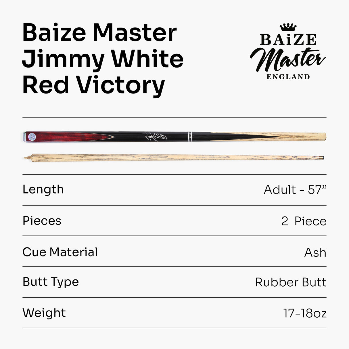 Baize Master 57 Inch Jimmy White Signature VICTORY 2 Piece Ash Snooker Pool Cue with 9.5mm Layered Tip