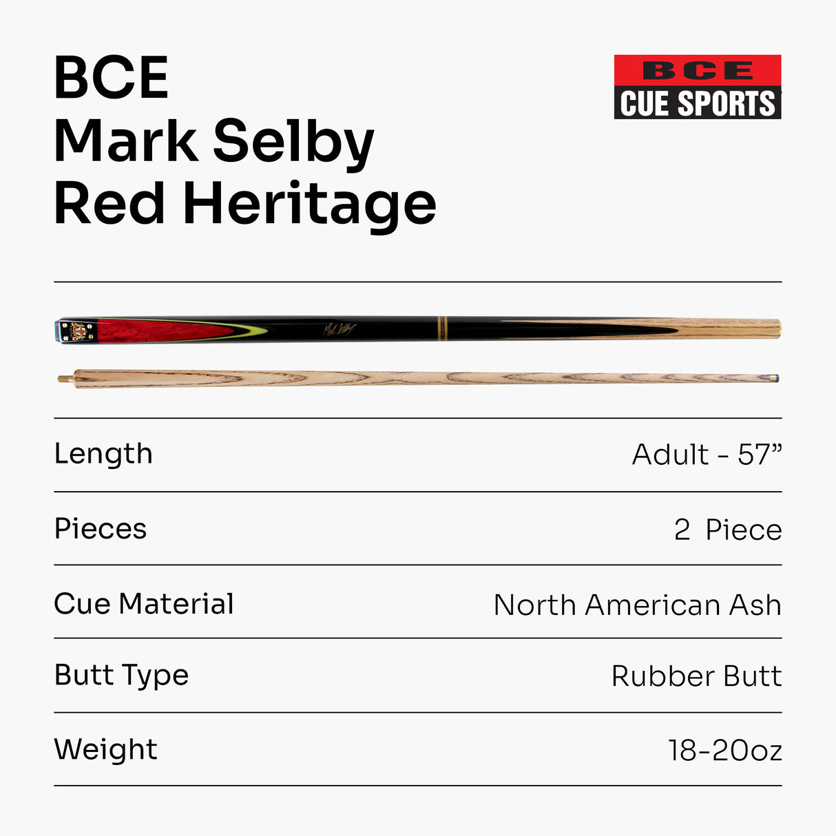 BCE MARK SELBY Signature Heritage 57 Inch 2 Piece Snooker Pool Cue 9.5mm Tip
