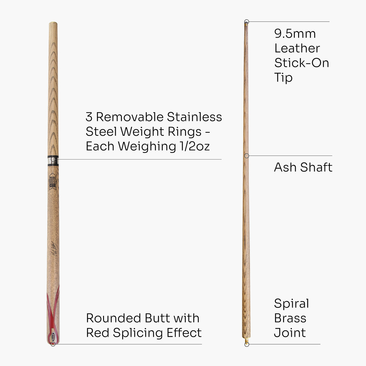 BCE Mark Selby RED CLASSIC ASH Weight Adjustable 57" 2pc Ash Pool Snooker Cue - 9.5mm