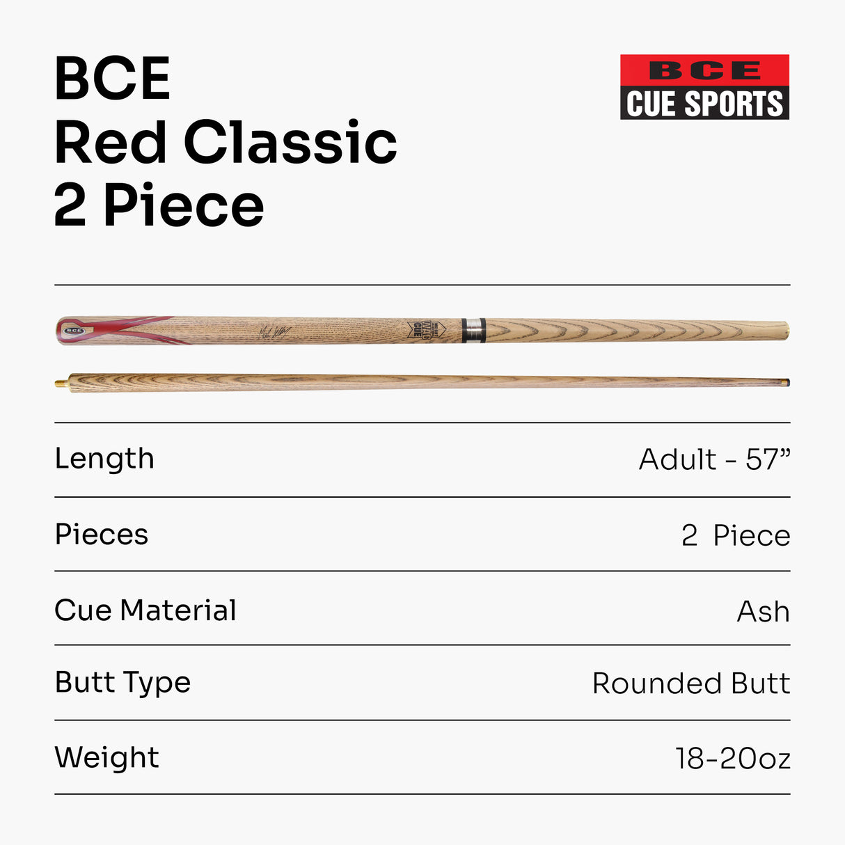 BCE Mark Selby RED CLASSIC ASH Weight Adjustable 57" 2pc Ash Pool Snooker Cue - 9.5mm