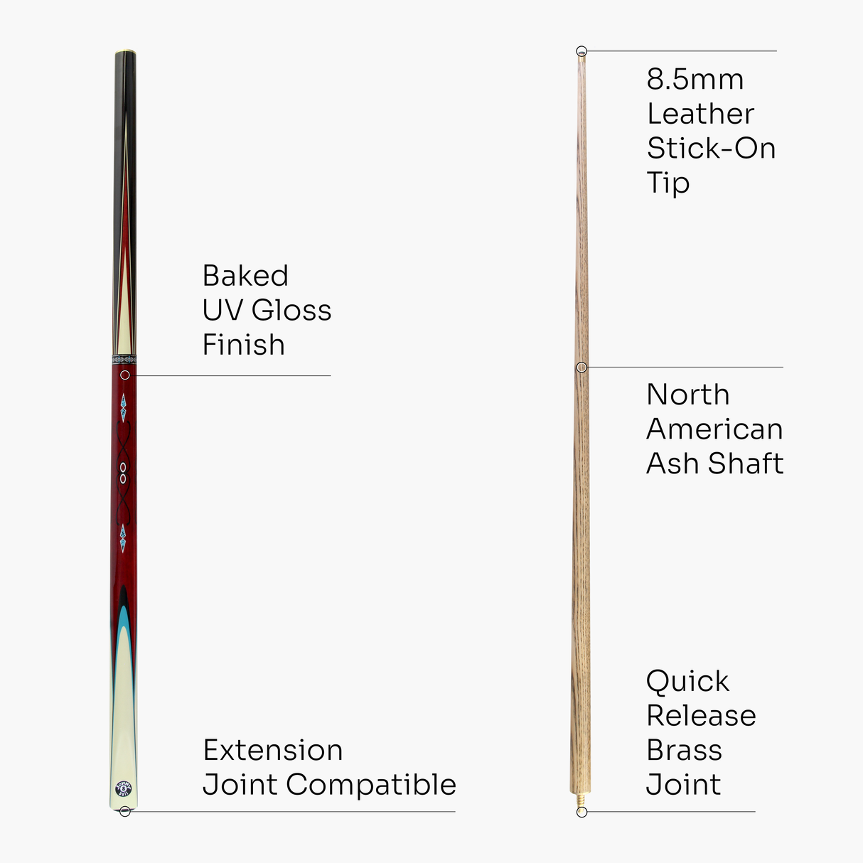 Jonny 8 Ball COMET 57 Inch 2 Piece Centre Joint Ash English Pool Cue with 8.5mm Tip