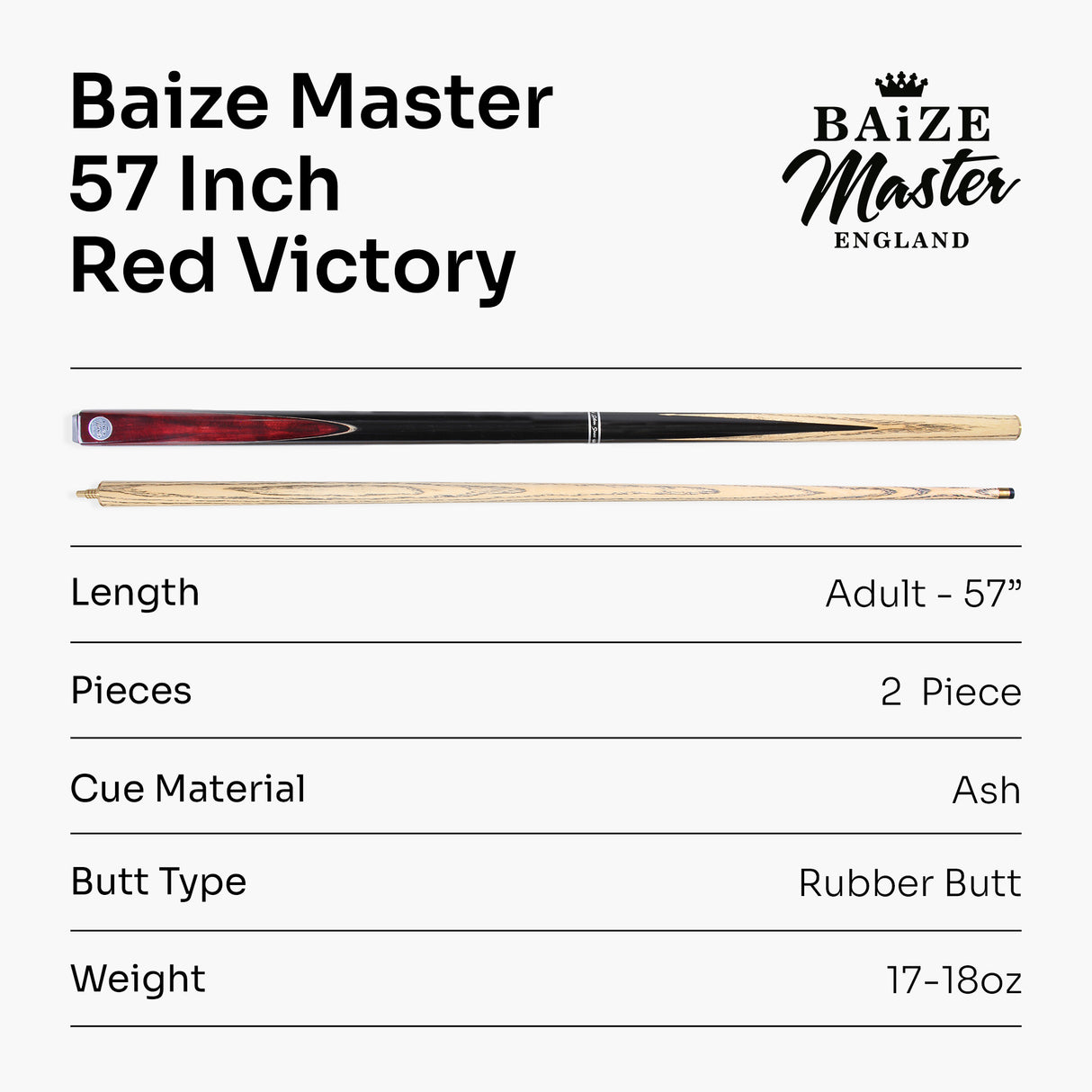 Baize Master VICTORY 57 Inch 2 Piece Ash Snooker Pool Cue with 9.5mm Layered Tip