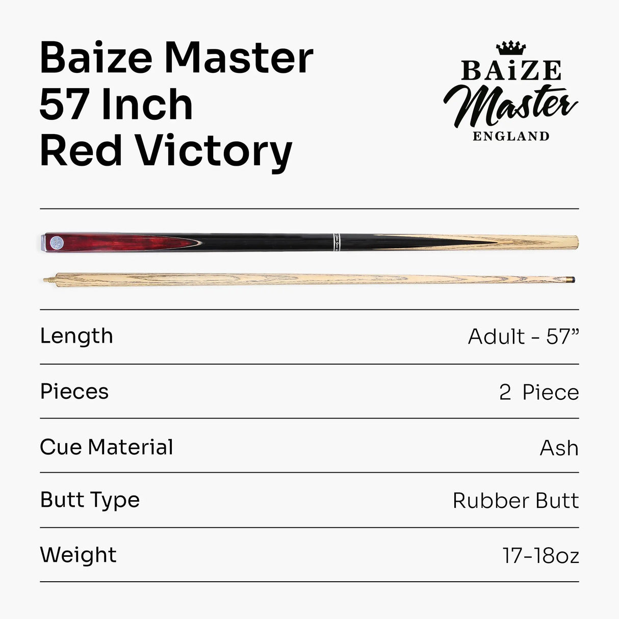 Baize Master VICTORY 57 Inch 2 Piece Ash Snooker Pool Cue with 9.5mm Layered Tip Baize Master