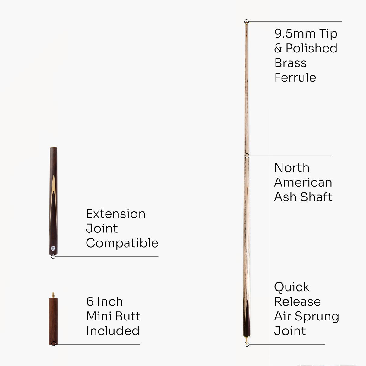 PRO147 CLASSIC SANDALWOOD 3/4 Premium Snooker Pool Cue 9.5mm Tip + 6 Inch Wooden Mini Butt