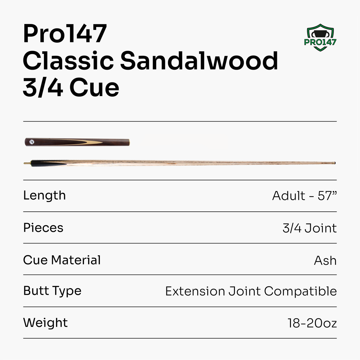 PRO147 CLASSIC SANDALWOOD 3/4 Premium Snooker Pool Cue 9.5mm Tip + 6 Inch Wooden Mini Butt