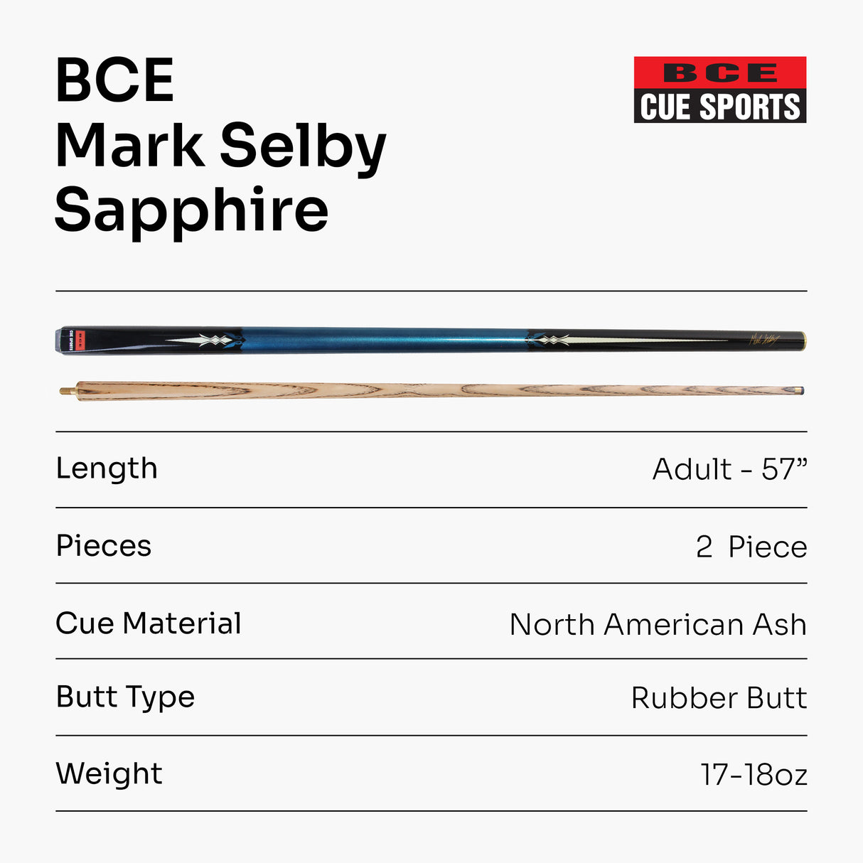 BCE Mark Selby SAPPHIRE 2 Piece Ash Pool Snooker Cue - JW3000