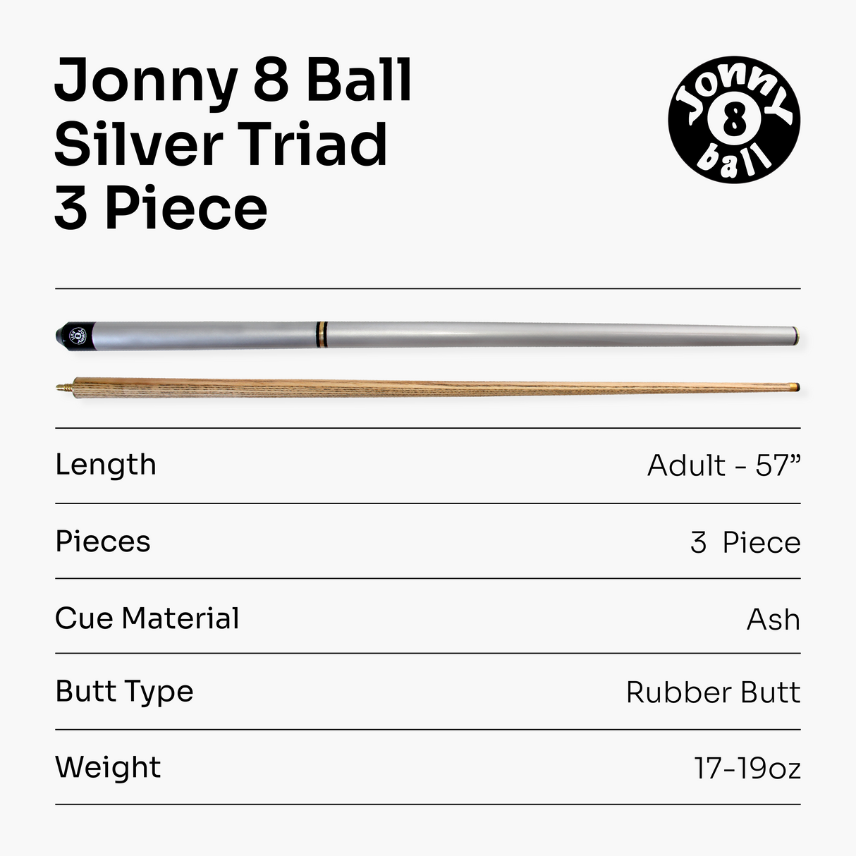 Jonny 8 Ball TRIAD 57 Inch 3 Piece Snooker Pool Cue 9.5mm Tip - Shorten to 39 Inch
