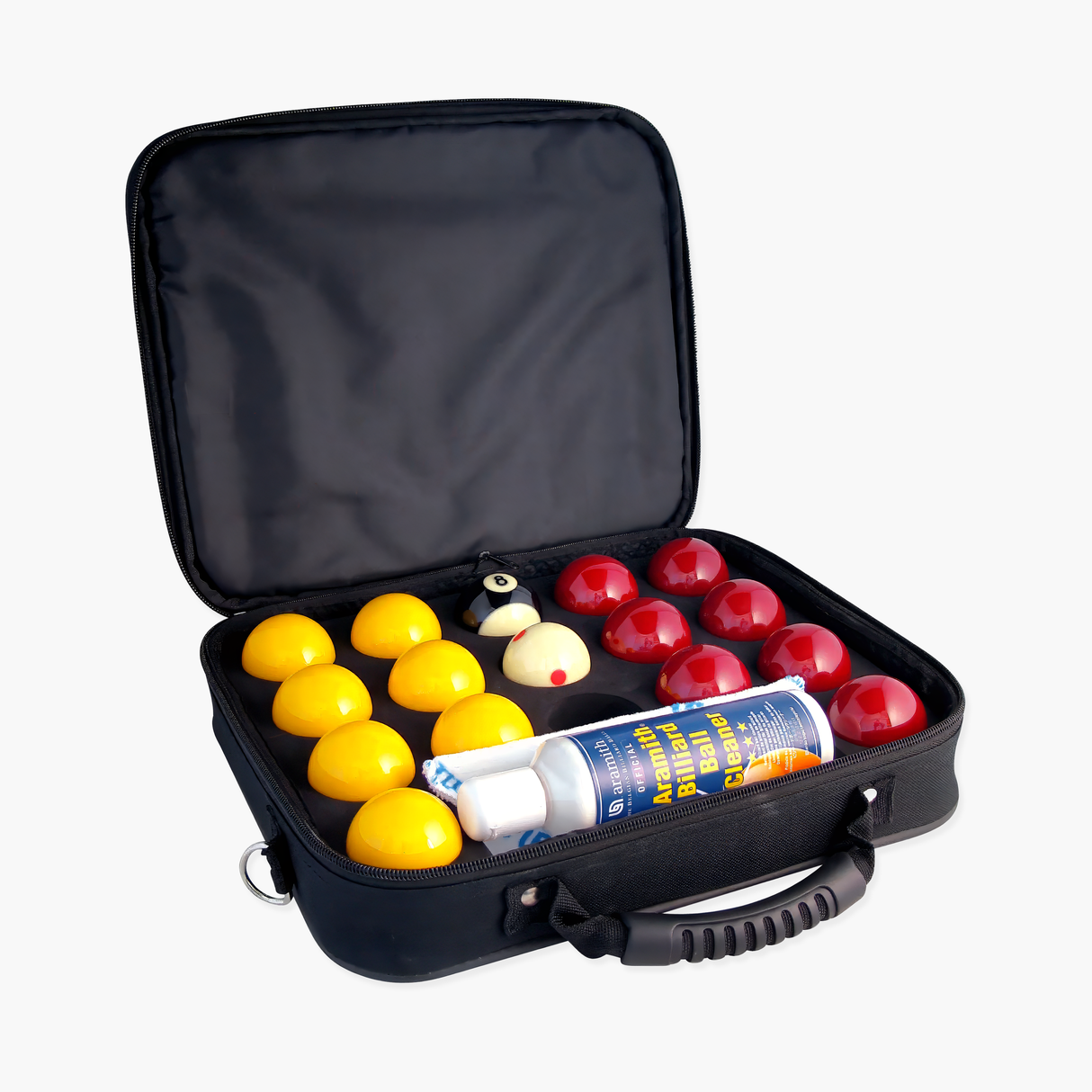 SUPER ARAMITH PRO CUP 2" Red & Yellow Pool Balls, Ball Cleaner & Case Set! Aramith