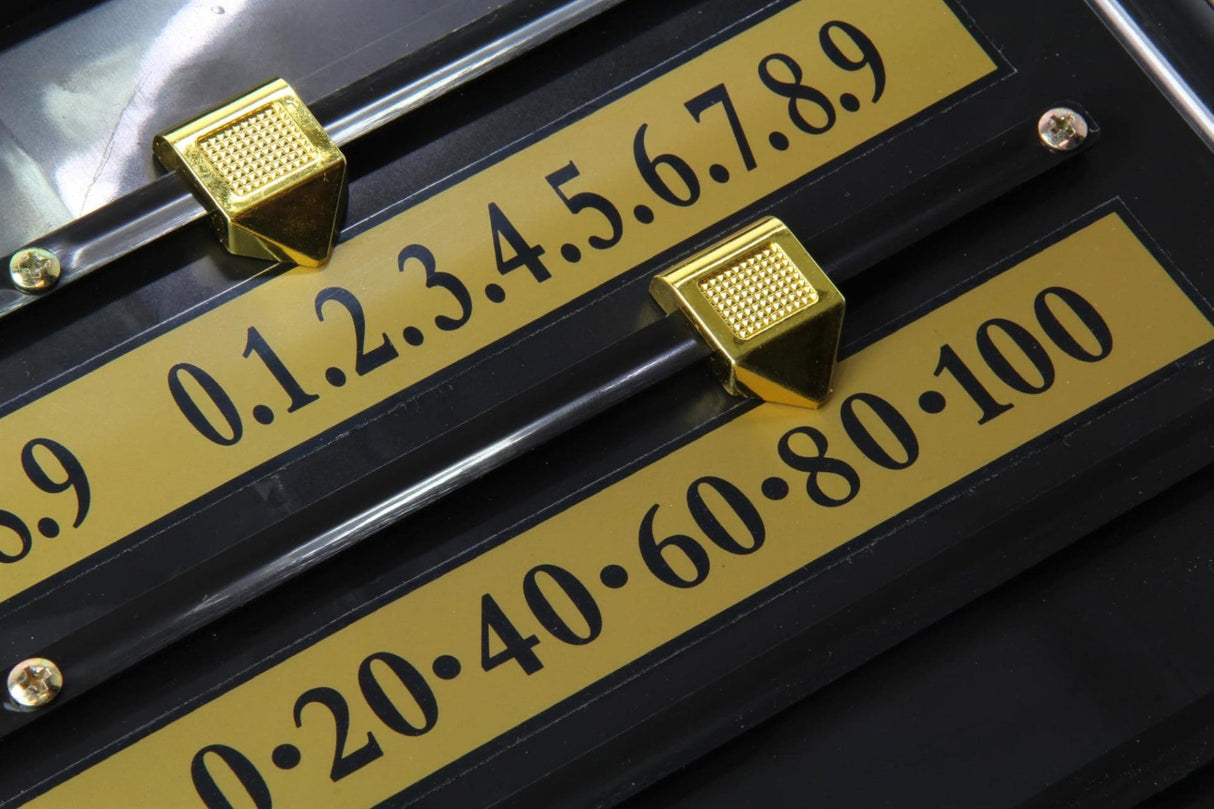 Black Plastic Economy 4 Player Snooker Scoreboard with Brass Coloured Plastic Markers Cue & Case