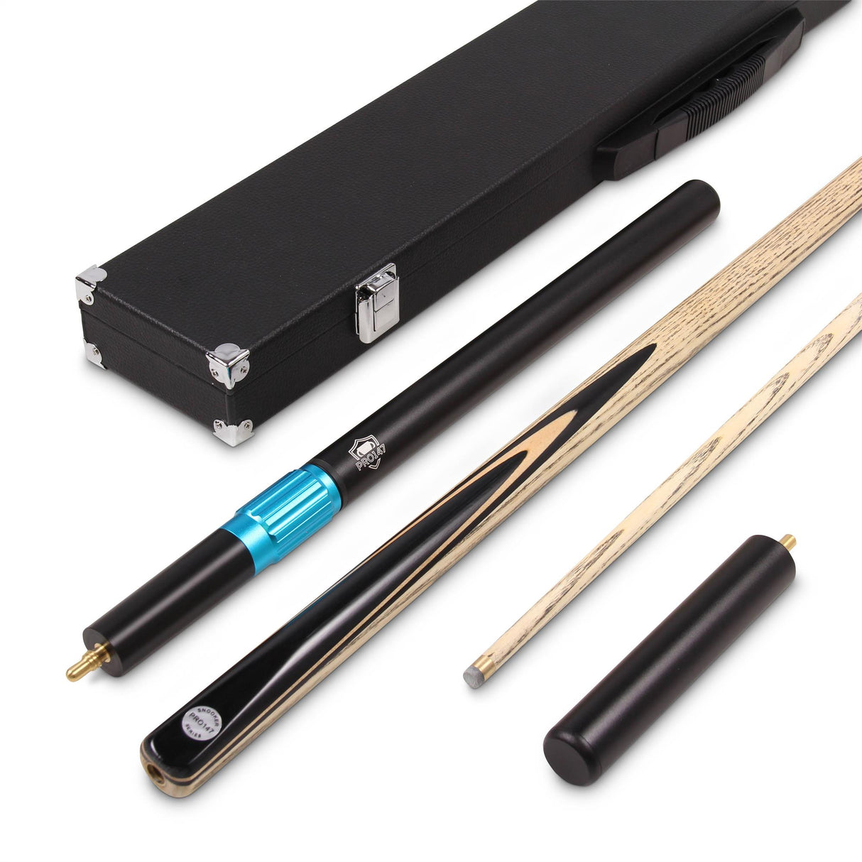 PRO147 CLASSIC EBONY MAPLE P2/E 57 Inch Snooker Pool Cue Set 2pc Centre Joint Non-matching Ash Cue with PRO147 Long Telescopic Extension, Mini Butt and 3 Slot Case - 9.5mm Tip