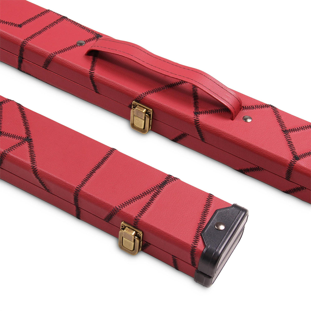 Deluxe 1 Piece 2 Slot BURGUNDY with CRAZY BLACK STITCH Cue Case with Plastic Ends and Chalk Compartment - Black and Burgundy Interior