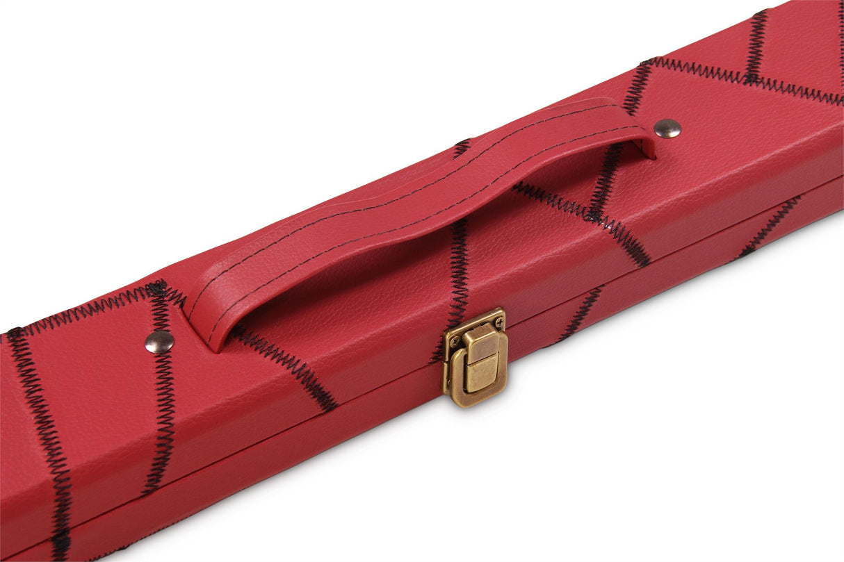Deluxe 1 Piece 2 Slot BURGUNDY with CRAZY BLACK STITCH Cue Case with Plastic Ends and Chalk Compartment - Black and Burgundy Interior