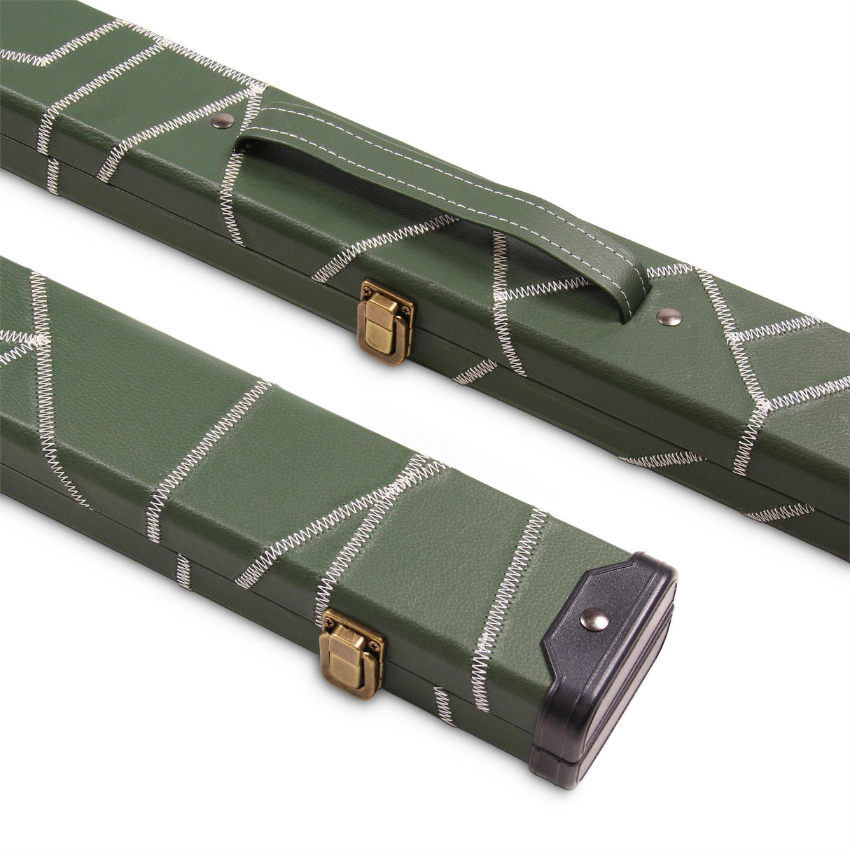 Deluxe 1 Piece 2 Slot GREEN with CRAZY WHITE STITCH Cue Case with Plastic Ends and Chalk Compartment - Black and Green Interior