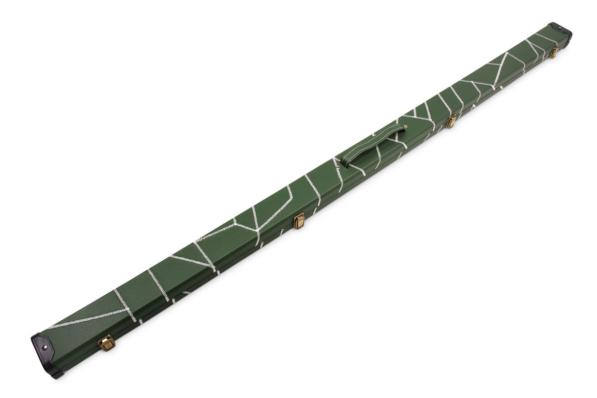 Deluxe 1 Piece 2 Slot GREEN with CRAZY WHITE STITCH Cue Case with Plastic Ends and Chalk Compartment - Black and Green Interior