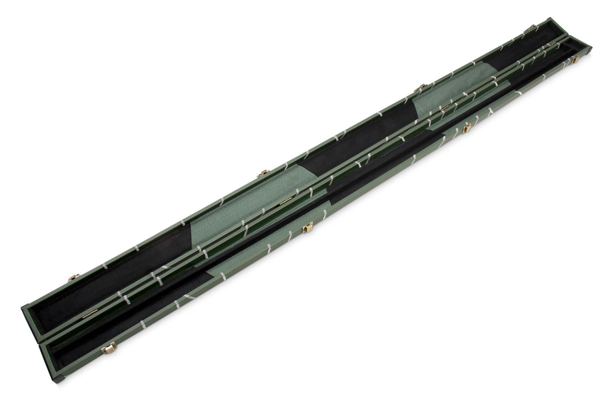 Deluxe 1 Piece 2 Slot GREEN with CRAZY WHITE STITCH Cue Case with Plastic Ends and Chalk Compartment - Black and Green Interior