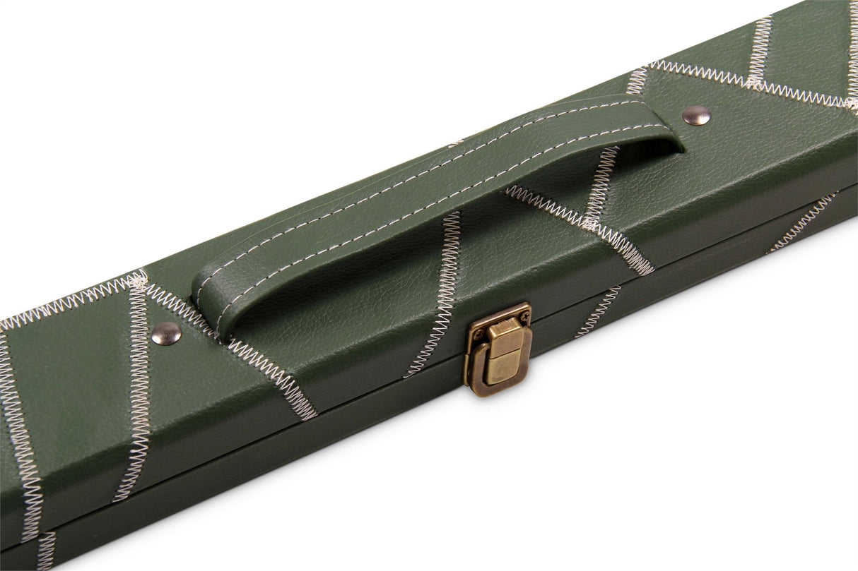 Deluxe 1 Piece 2 Slot GREEN with CRAZY WHITE STITCH Cue Case with Plastic Ends and Chalk Compartment - Black and Green Interior