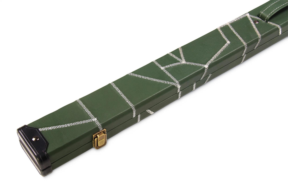 Deluxe 1 Piece 2 Slot GREEN with CRAZY WHITE STITCH Cue Case with Plastic Ends and Chalk Compartment - Black and Green Interior