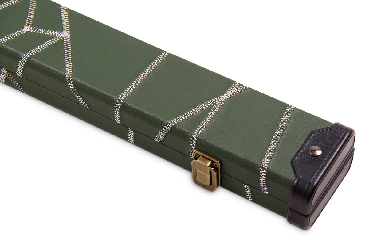 Deluxe 1 Piece 2 Slot GREEN with CRAZY WHITE STITCH Cue Case with Plastic Ends and Chalk Compartment - Black and Green Interior