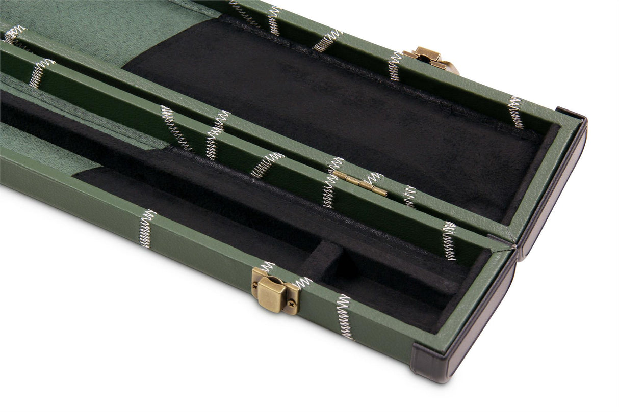Deluxe 1 Piece 2 Slot GREEN with CRAZY WHITE STITCH Cue Case with Plastic Ends and Chalk Compartment - Black and Green Interior