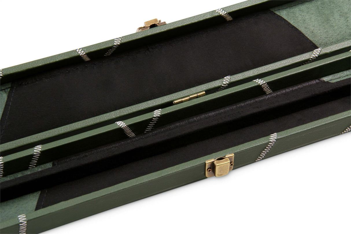 Deluxe 1 Piece 2 Slot GREEN with CRAZY WHITE STITCH Cue Case with Plastic Ends and Chalk Compartment - Black and Green Interior