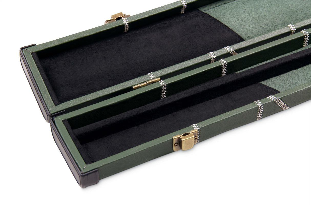 Deluxe 1 Piece 2 Slot GREEN with CRAZY WHITE STITCH Cue Case with Plastic Ends and Chalk Compartment - Black and Green Interior