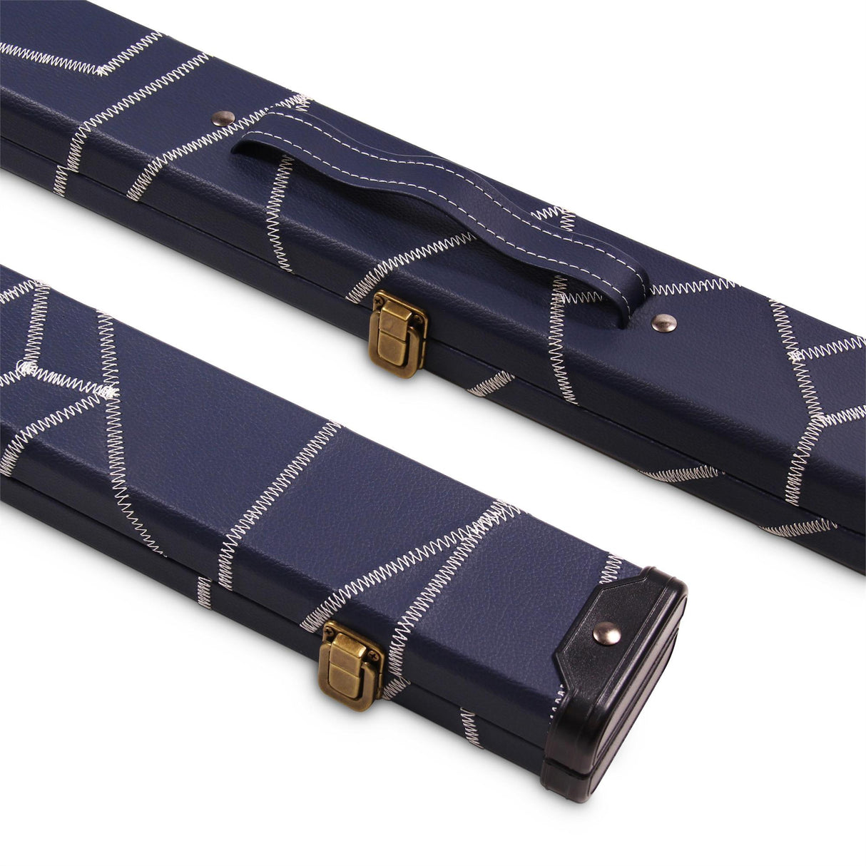 Deluxe 1 Piece 2 Slot NAVY with CRAZY WHITE STITCH Cue Case with Plastic Ends and Chalk Compartment - Black and Navy Interior