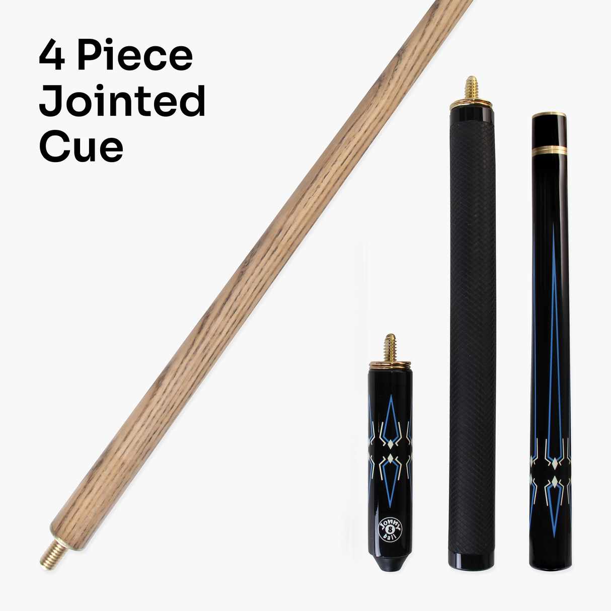 Jonny 8 Ball BLUE INCA 10mm Tip, Adjustable 4 Piece Ash Pool Cue shorten to 45"
