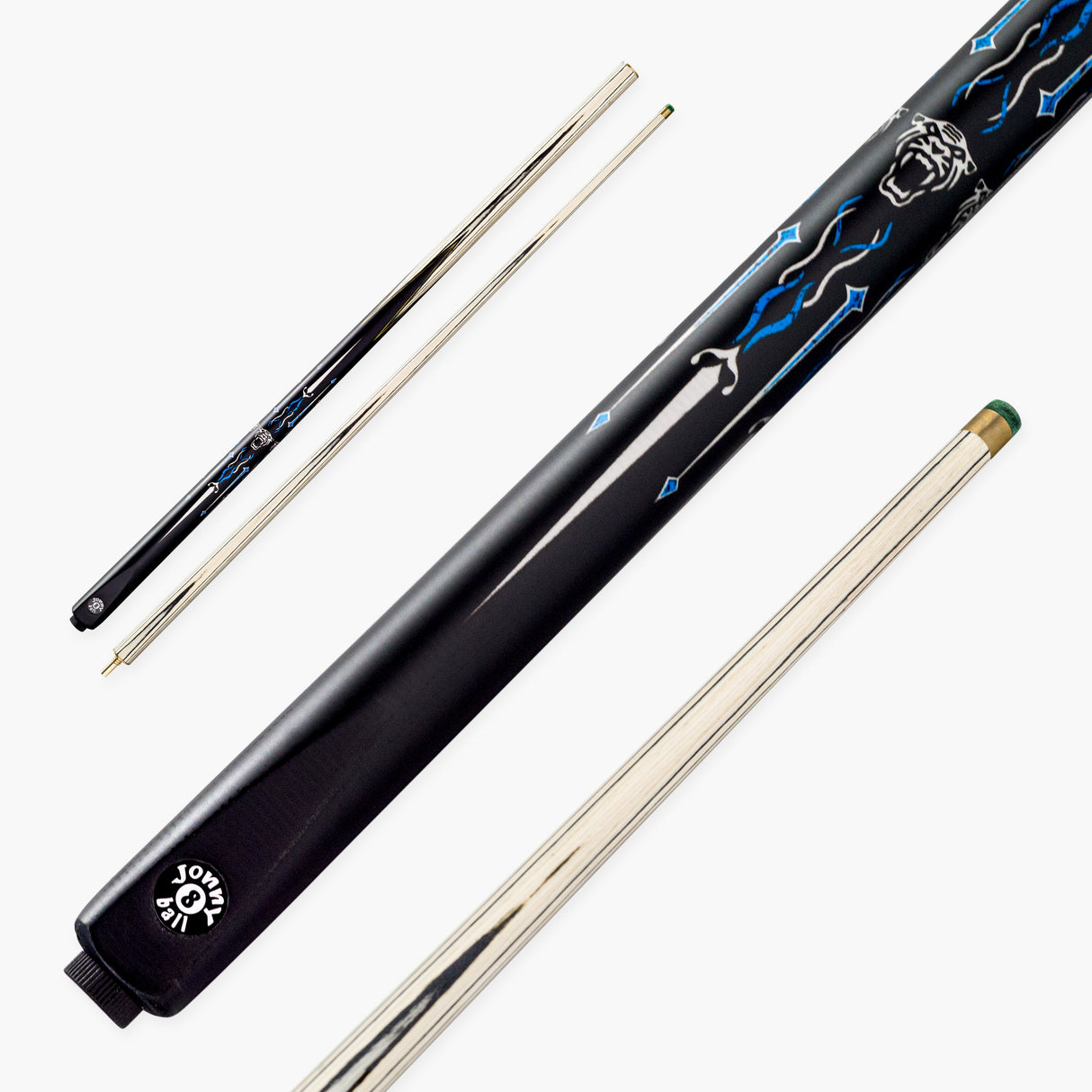 Jonny 8 Ball Panther 57 Inch 2 Piece Centre Joint UV Printed Snooker and Pool Cue with 9.5mm Green Layered Tip
