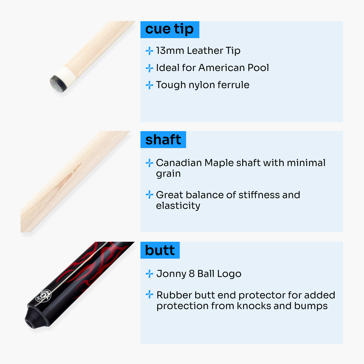 Jonny 8 Ball 58 Inch 2 Piece Maple American Pool Cue 13mm Tip - BLACK